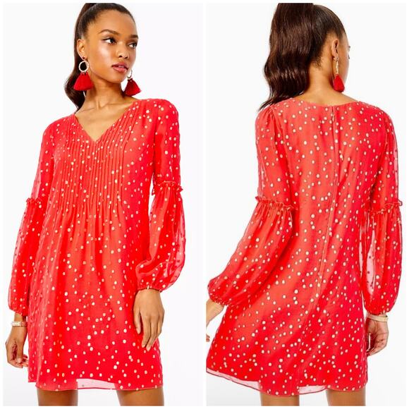 Lilly Pulitzer | Silk Cleme Red Gold Polka Dot Balloon Sleeve Shift Dress 8 EUC - Picture 13 of 13